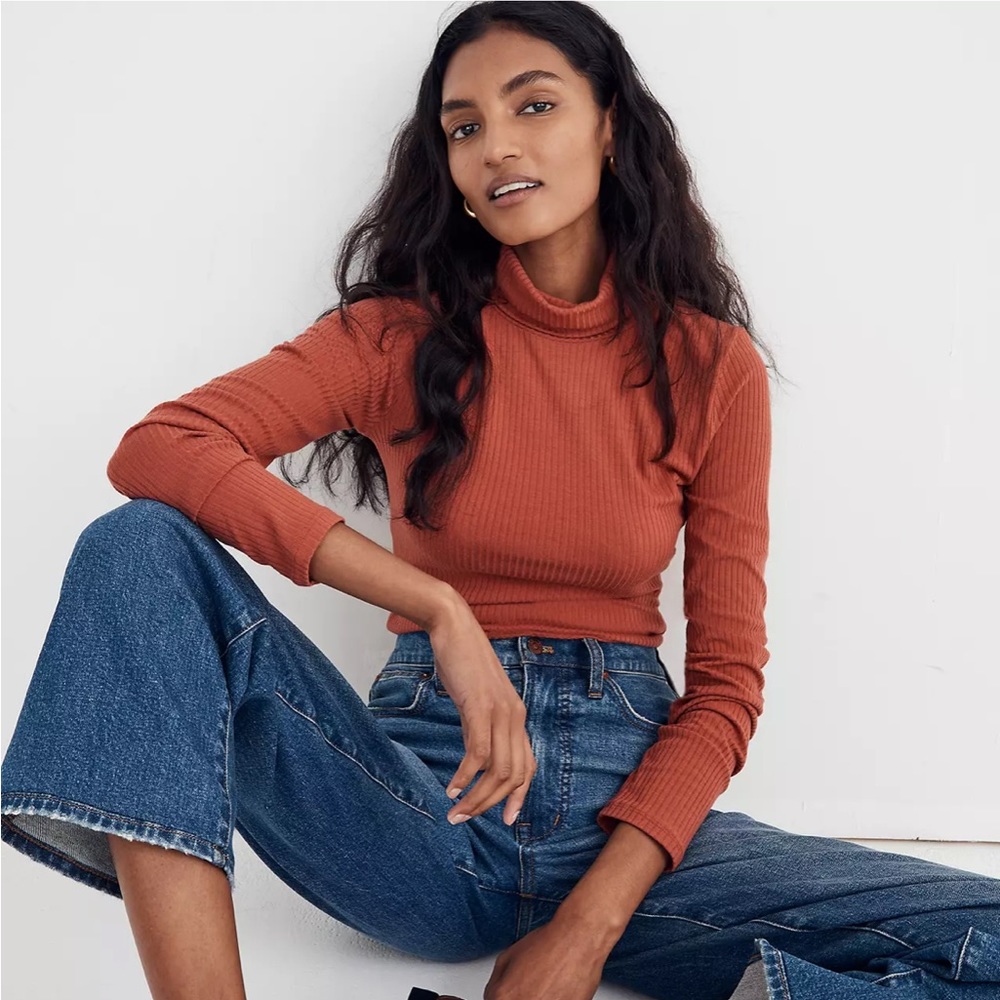 Madewell Ribbed Turtleneck Top Shirt Weathered Brick Rust Red Supersoft AE028
